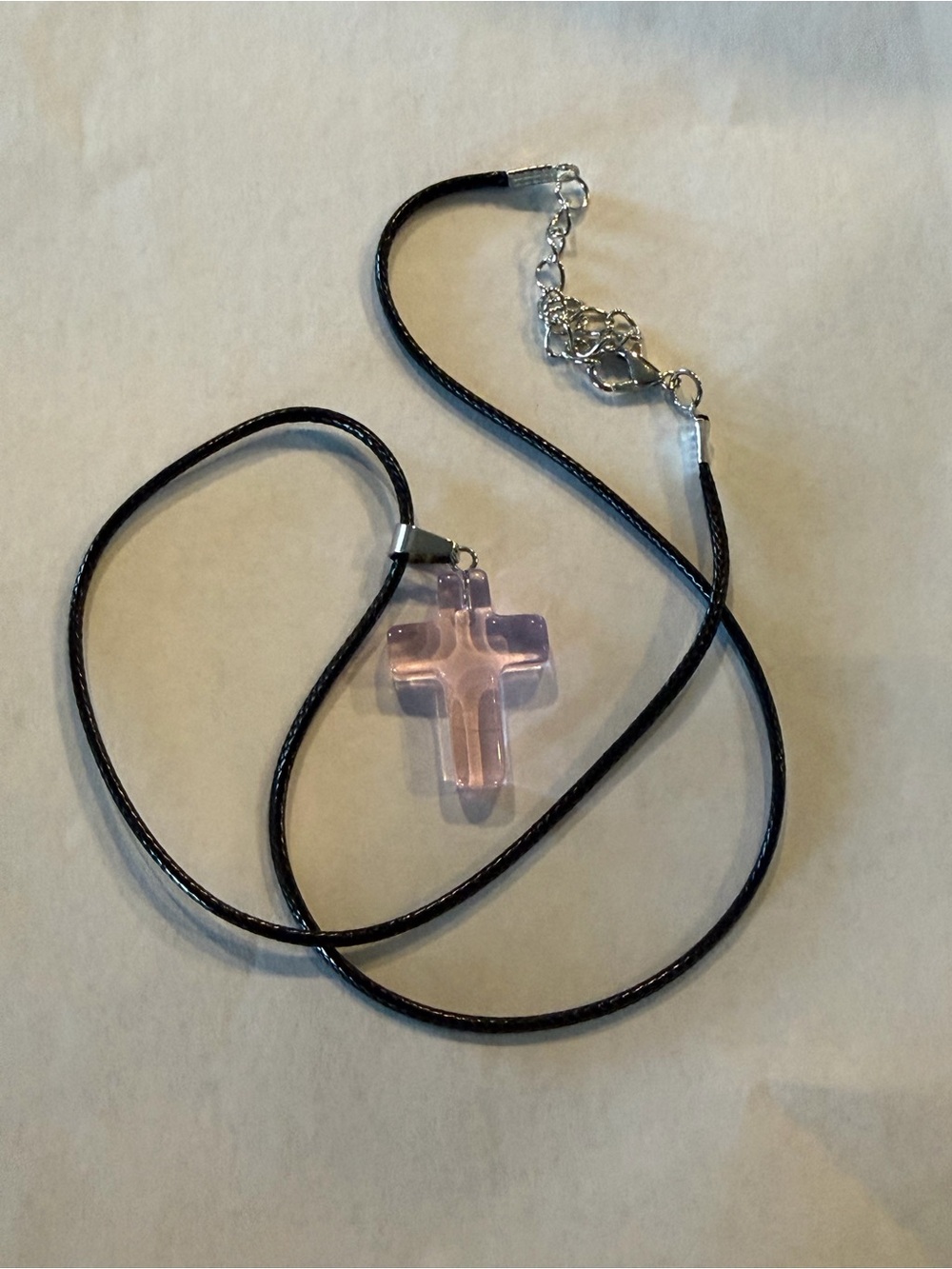 Delicate Pink Glass Cross Pendant Necklace on Black Cord